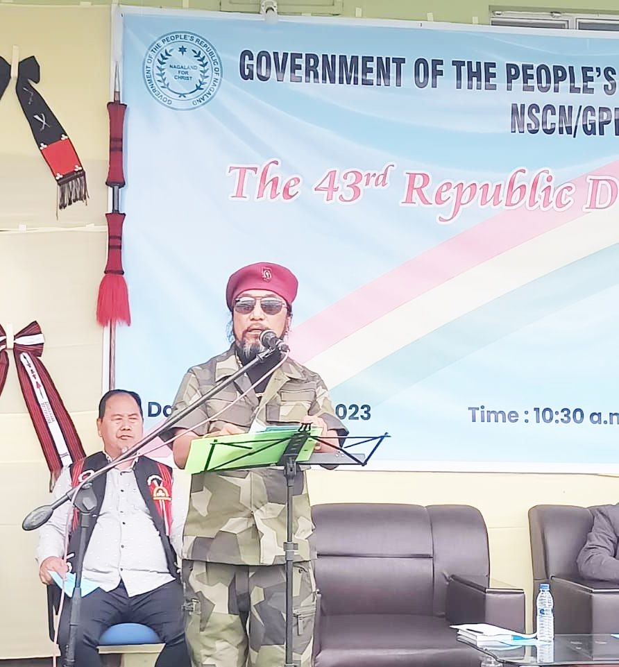 Niki Sumi addressing the 43th Naga Republic Day celebration at the CFSB office, Padumpukhuri on March 21. (Moring Photo)